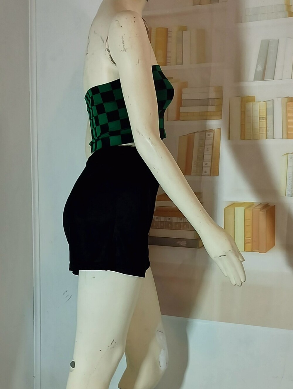 & Other Stories Green Checkerboard Tube Top and Black Shorts - Picture 2 of 5